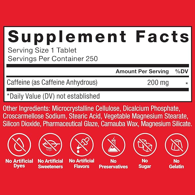 Force Factor Caffeine Pills 200mg, Caffeine Tablets to Boost Energy, Focus, Strength, and Performance, Premium Quality Pills, Energy Support Supplement, 250 Tablets