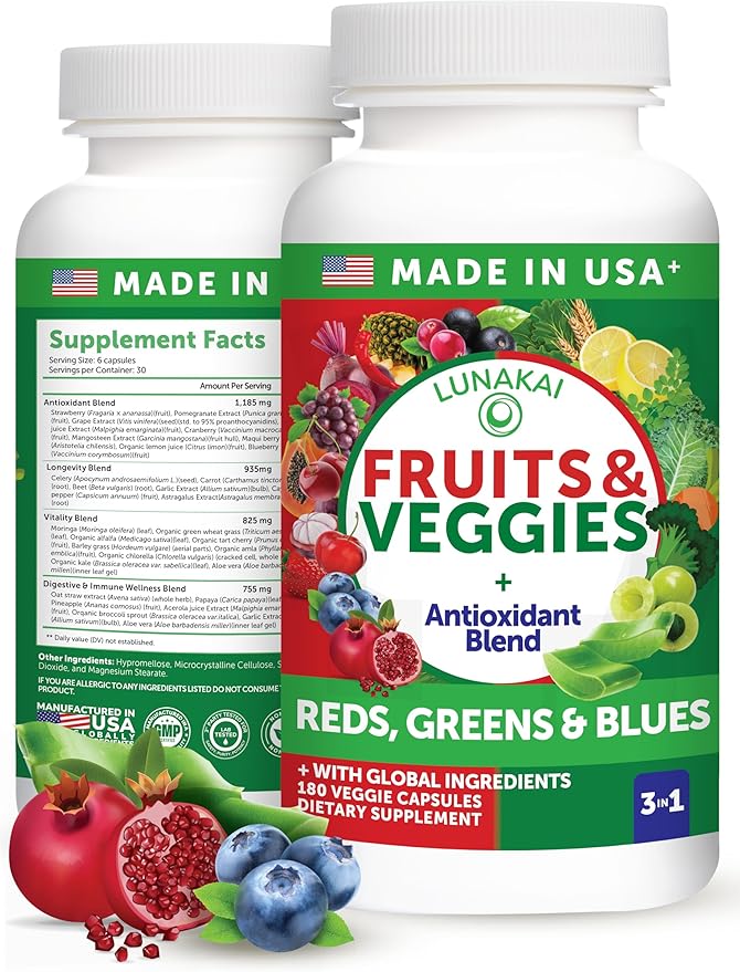 Lunakai USA Made Superfood Fruits & Veggies Supplement - All-in-One with 4 Blends & Scented Capsules, 180ct Super Veggie Capsules for Adults