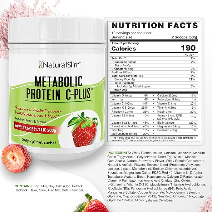 Metabolic Protein C-Plus Whey Protein Powder & Shake Meal Replacement with Vitamin C, L-Glutamine & Digestive Enzymes, Low Carb Protein Drink, Support Metabolism, Energy & Gut health 1.1lb Strawberry