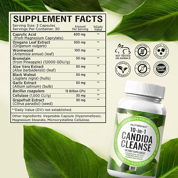 Candida Cleanse Detox Supplement - Women Men Natural Yeast Overgrowth Support with Caprylic Acid Probiotics Complex for Candi Balance Immune Intestinal Flora & Gut Health - Vegan Gluten Free