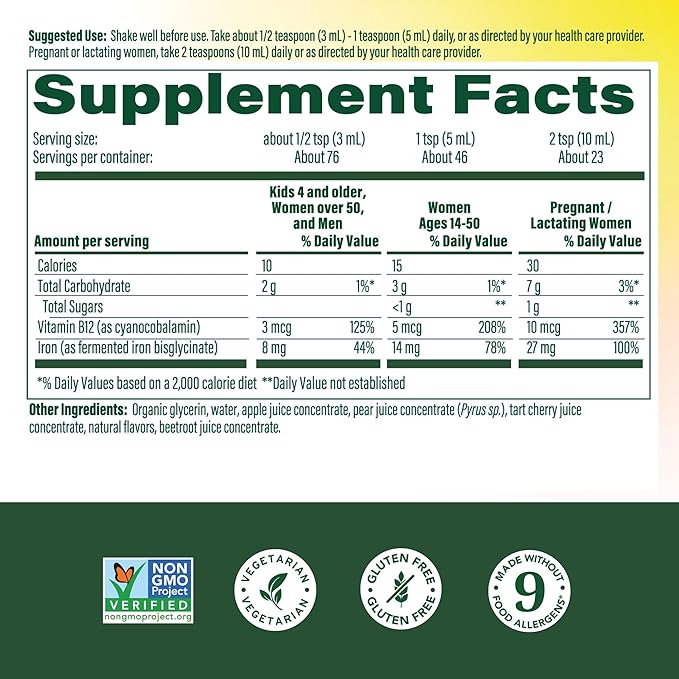 MegaFood Blood Builder Liquid Iron Supplement for Women, Men & Kids, Clinically Shown to Increase Iron Levels Without Constipation, Vegan, 7.7 Fl Oz (23 Servings)