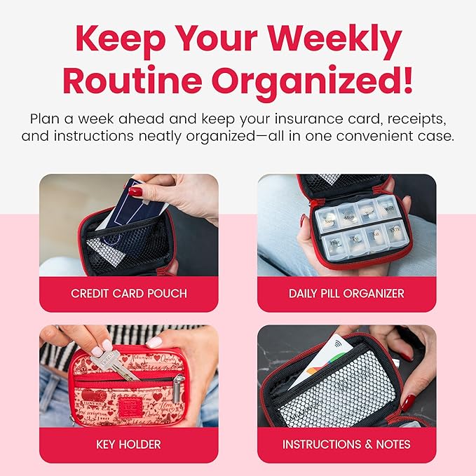Made Easy Kit Pill Case for Everyday and Travel - 7-Day Weekly Medicine Supplement Vitamin Organizer Sorter Tracker - Neoprene Bag with Pockets - Compact Portable 8 Compartments (Red Love Language)