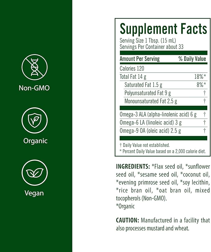 Flora - Udo's Choice Omega 369 Oil Blend, Made with Organic Flax, Sesame & Sunflower Seed Oils, Plant-Based Vegan Omega Fatty Acids, Based on Ideal 2:1:1 Ratio, 17-fl, oz. Glass Bottle