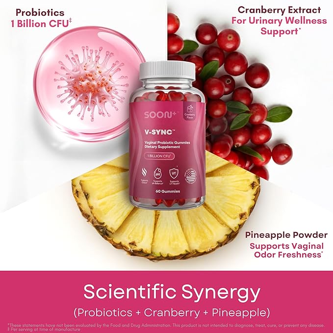 SOON+ Feminine Balance Gummies for Women, V-Sync Pineapple Probiotics for pH Balance Support * Vaginal, Urinary, Immune, Digestive Wellness * with Bacillus Coagulans, Cranberry, Vitamin C, 60 Gummies