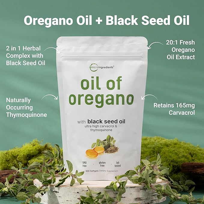 Micro Ingredients Oil of Oregano Softgels, 150 Count | 2 in 1 Formulated with Black Seed Oil | 4X Strength Carvacrol & Thymoquinone | Plant Based, Non-GMO