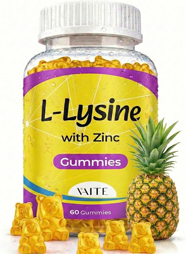 VAITE L Lysine Gummies 1000mg with Zinc - Supports Skin, Lip, Vegan, Gluten Free, 60 Chewable L-Lysine for Adults, Vitamins Tissue Health & Immune System, Amino Acid & Complex Supplements, Non-GMO
