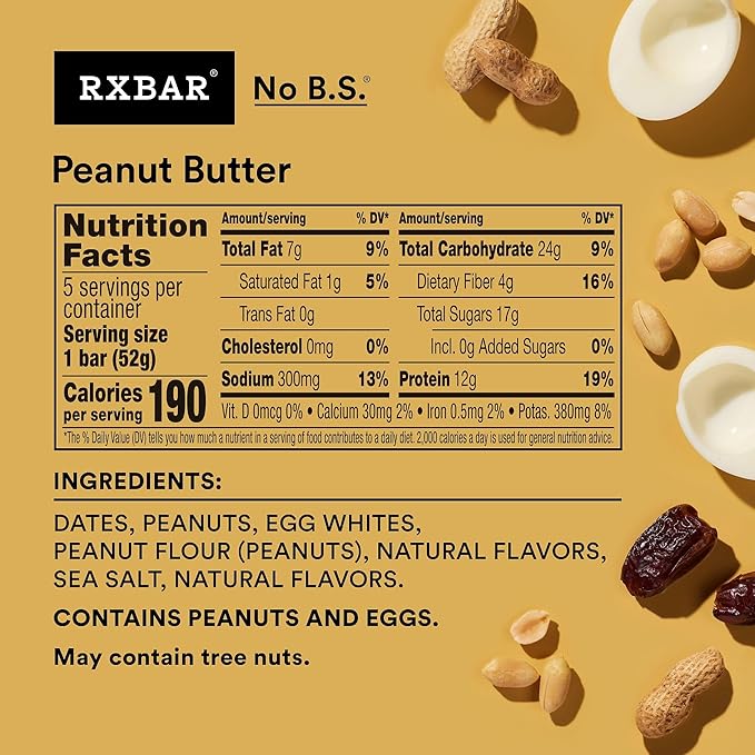 RXBAR Protein Bars, 12g Protein, Gluten Free Snacks, Peanut Butter (6 Boxes, 30 Bars)