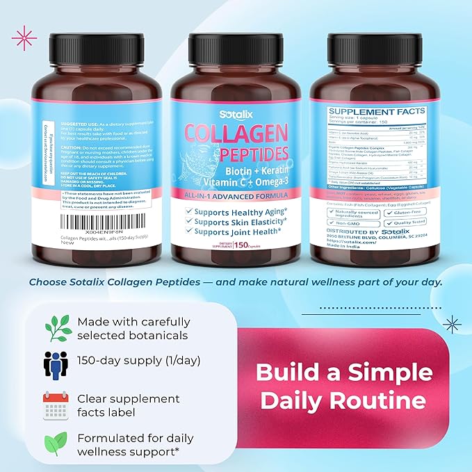 Collagen Peptides with Biotin + Keratin, Vitamin C + Omega 3 - Radiant Skin, Healthy Joint, Nails (150-day Supply)