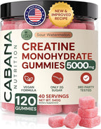Creatine Monohydrate Gummies 5g - Only 2g Sugar, Made in USA - Sour Watermelon Flavor - Vegan & 3rd Party Tested - Pre & Post Workout Supplement for Women and Men (120 Count, 40 Servings)
