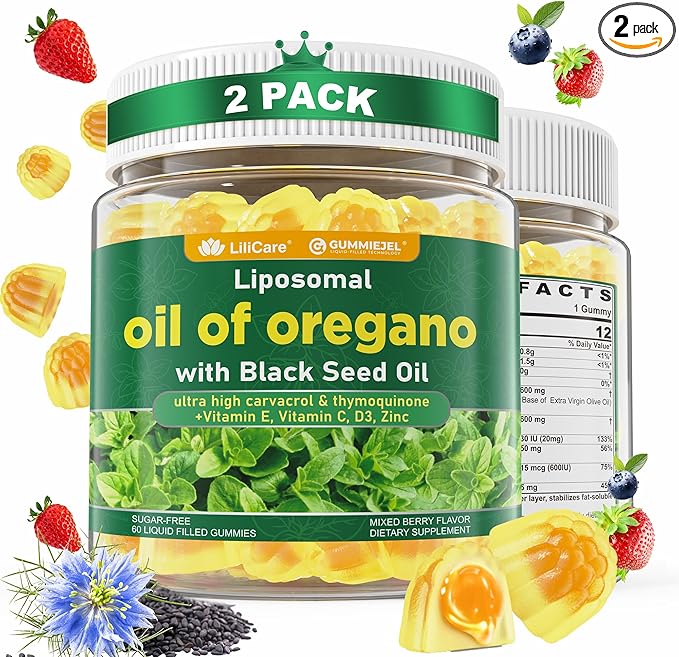 LILICARE Oil of Oregano with Black Seed Oil Filled Gummies, Aceite De Oregano Capsulas Alternative, Carvacrol & Thymoquinone with Vitamin E, C, D3, Zinc, Liposomal Form, Sugar Free, 2 Pack