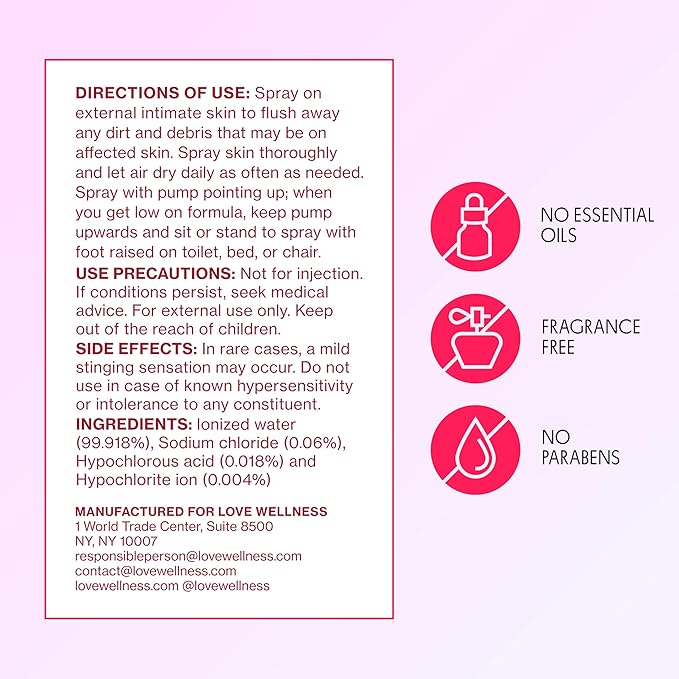 Love Wellness Intimate Skin Support I FDA-Cleared Cleanser Spray I Removes Buildup & Soothes Irritated Skin, Hypochlorous Acid Formula, pH Balanced & Fragrance Free, 4 fl oz