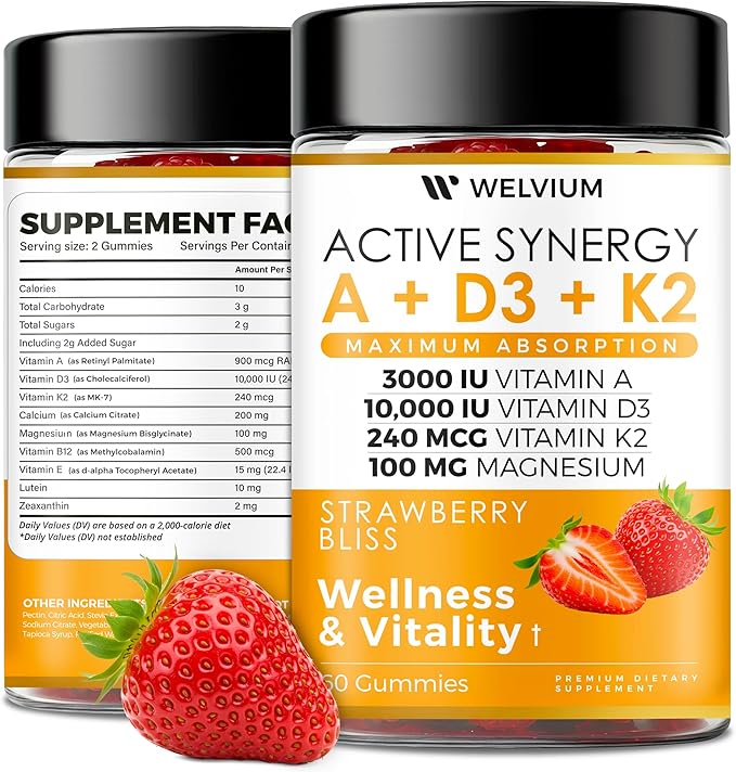 Vitamin D3 K2 Gummies 10000 IU with Magnesium Glycinate, Calcium, B12, K2 MK-7, Vitamins A, E, Lutein, Zeaxanthin - ADK Chewable Supplement for Bone, Eye, Immune Support - D3K2 Gummies
