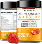 Vitamin D3 K2 Gummies 10000 IU with Magnesium Glycinate, Calcium, B12, K2 MK-7, Vitamins A, E, Lutein, Zeaxanthin - ADK Chewable Supplement for Bone, Eye, Immune Support - D3K2 Gummies