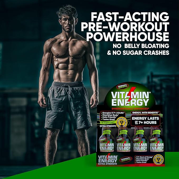 Vitamin Energy Workout+ Extra Strength Energy Shot Sour Apple 8 Pack, 260mg Natural Caffeine, Pre-Workout, B-Vitamins, Minerals, Endurance & Performance, Zero Sugar, Gluten-Free, Vegan, 1.93 fl oz