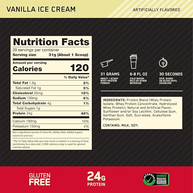 Optimum Nutrition Gold Standard 100% Whey Protein Powder, Vanilla Ice Cream, 2 Pound (Packaging May Vary) (Pack of 6)