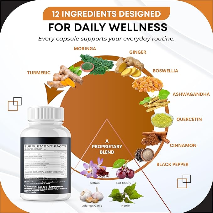Turmeric Moringa Ginger Boswellia Quercetin Cinnamon Saffron Tart Cherry Odorless Garlic Nettle -150 Capsules