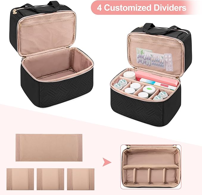 Damero Double Layers Pill Bottle Organizer Empty, Lockable Medicine Storage Bag Medication Travel Bag with 4 Customized Dividers for Prescription Bottles, Medical Supplements,Black