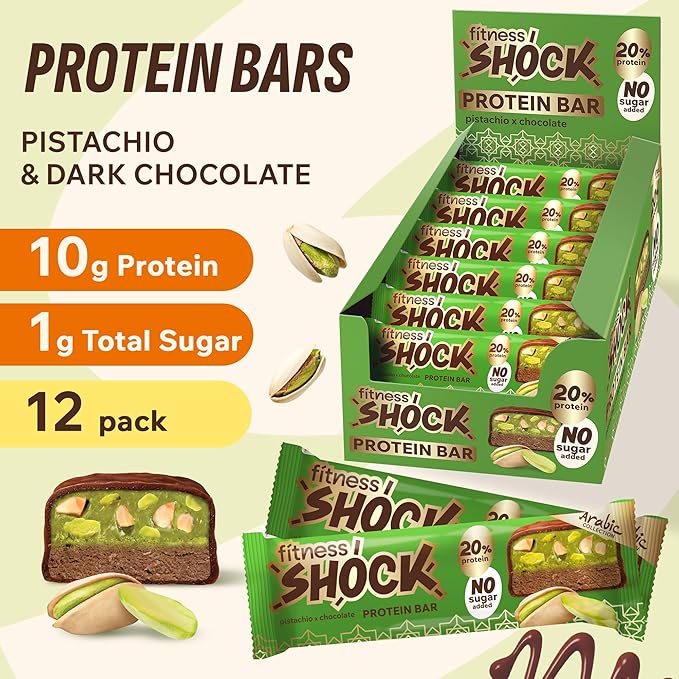Fitness SHOCK Pistachio Chocolate Protein Bars - No Added Sugar, Low Calorie Low Carb Snack - 10g Protein, 0g Added Sugar, 180 Kcal, 15g Net Carbs, 8g Fat - 12 x 50g