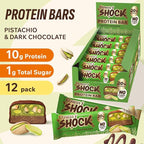 Fitness SHOCK Pistachio Chocolate Protein Bars - No Added Sugar, Low Calorie Low Carb Snack - 10g Protein, 0g Added Sugar, 180 Kcal, 15g Net Carbs, 8g Fat - 12 x 50g
