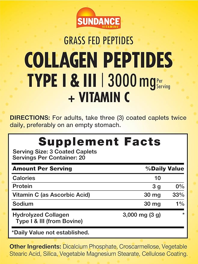 Sundance Collagen Peptides Pills | 3000mg | Type I & II with Vitamin C | 60 Count | Non-GMO & Gluten Free Supplement
