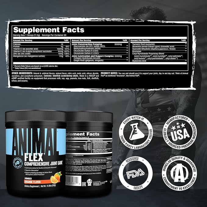 Animal Flex Powder - Joint Support Supplement for Pain Relief, Repair and Restore Muscles with Turmeric, Glucosamine, Chondroitin, MSM, Collagen and Boswellia, Great Tasting Orange Flavor, 30 Scoops
