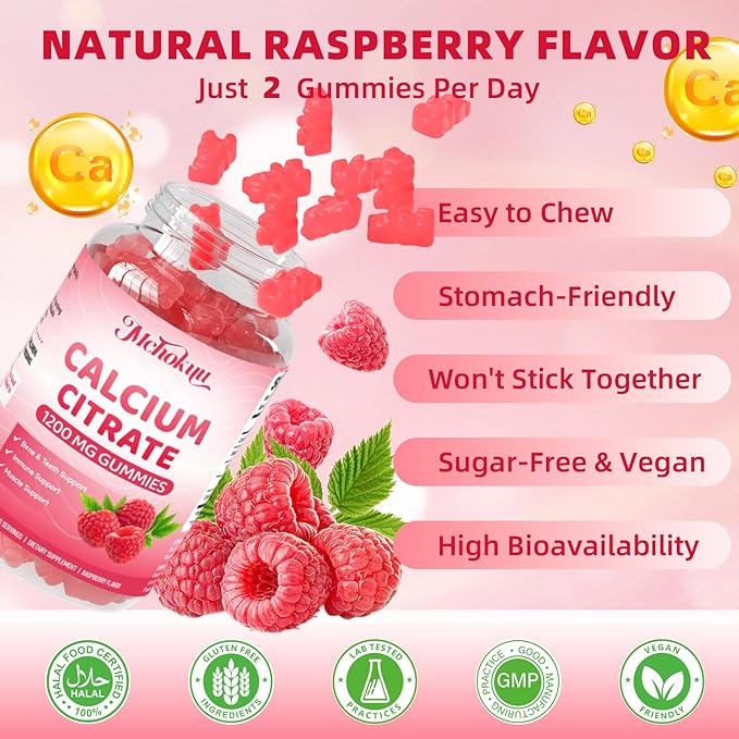 Calcium Citrate Gummies 1200mg Chewable Calcium Supplement for Women & Men, Supports Bone, Muscle & Immune Health, Sugar-Free, Non-GMO, Gluten-Free, Natural Raspberry Flavor, 60 Count