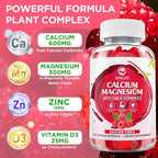 Calcium Magnesium Zinc Gummies with Vitamin D3, Sugar Free Calcium Gummies for Women Men, Raspberry Flavor - 60 Count