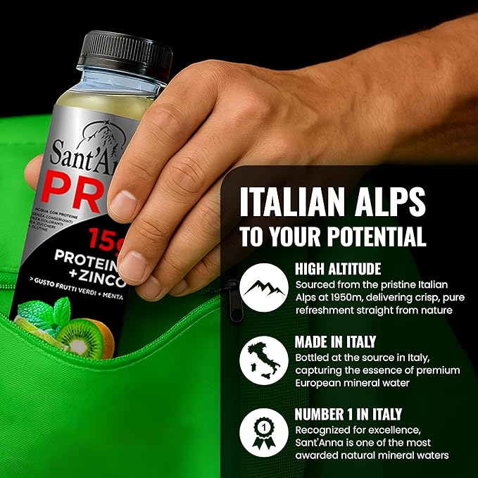 Sant'Anna PRO Functional Protein Drink – Green Fruits & Mint, 11.15 Fl Oz (12-Pack) | 15g Protein + Zinc | No Sugar | Clear Water | Crafted with Sant’Anna Alpine Water | BPA-Free | No Preservatives