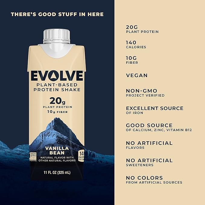 Evolve Plant Based Protein Shake,Vanilla Bean,20g Vegan Protein,Dairy Free,No Artificial Sweeteners,Non-GMO,10g Fiber,11 Fl Oz (Formula May Vary),(Pack of 24)