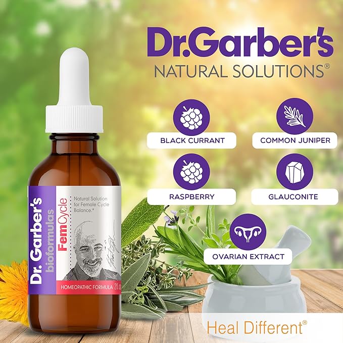 Dr. Garber's Natural Solutions Fem Cyle Oral Drops - Gemmotherapy Liquid Supplement to Balance Hormones and Relieve PMS, PMDD, Hot Flashes, Menopause, and Menstrual Symptoms - 60ml