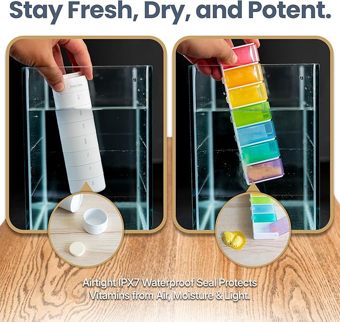 Ankomn 7 Day Travel Pill Organizer - IPX7 Rating Waterproof, Airtight & Portable Pill Case for Vitamins - Durable Weekly Supplement Case with Stackable Compartments for Outdoor Use - White