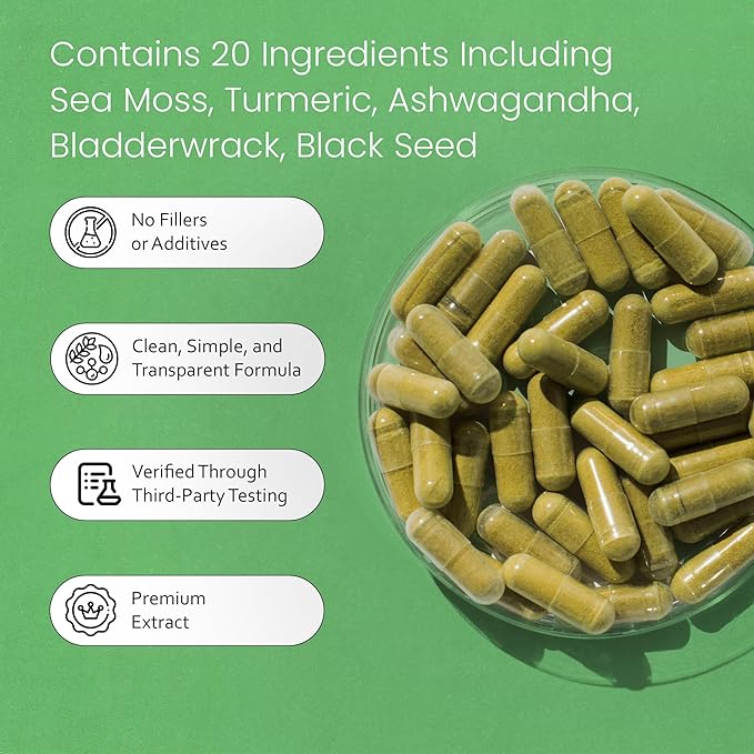 Sea Moss, Black Seed Oil, Bladderwrack, Turmeric, Ashwagandha, Burdock, Vitamin C, D3, Yellow Dock Root, Manuka, Dandelion - 90 Veggie caps