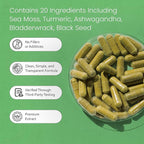 Sea Moss, Black Seed Oil, Bladderwrack, Turmeric, Ashwagandha, Burdock, Vitamin C, D3, Yellow Dock Root, Manuka, Dandelion - 90 Veggie caps