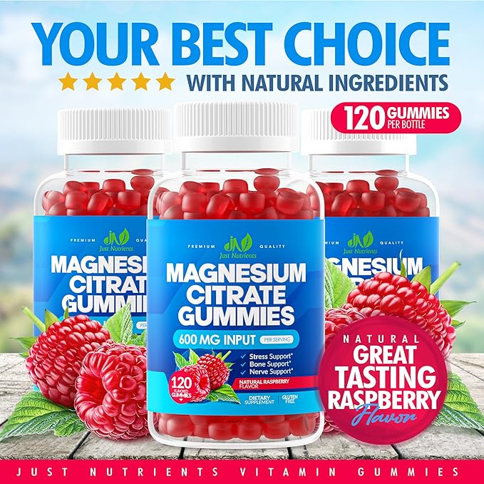 Magnesium Citrate 600mg Gummies (120 Count) - Maximum Strength, Supports Calm, Bone, Heart & Nerve Health - Gluten-Free, Non-GMO, Vegetarian, Great Tasting Raspberry Flavor - 60 Servings