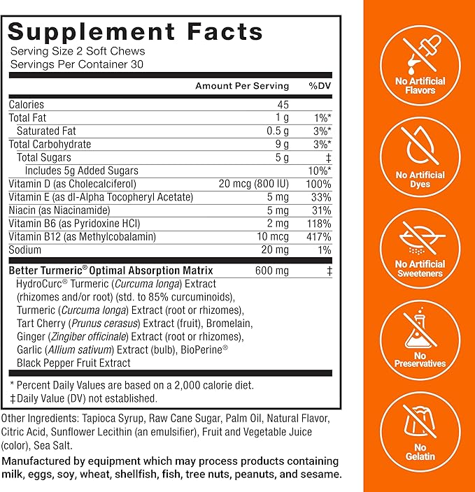 Force Factor Better Turmeric Joint Support Supplement for Extra Strength Joint Health, Featuring HydroCurc Turmeric Curcumin with Black Pepper for Superior Absorption, Fruit Splash, 120 Soft Chews