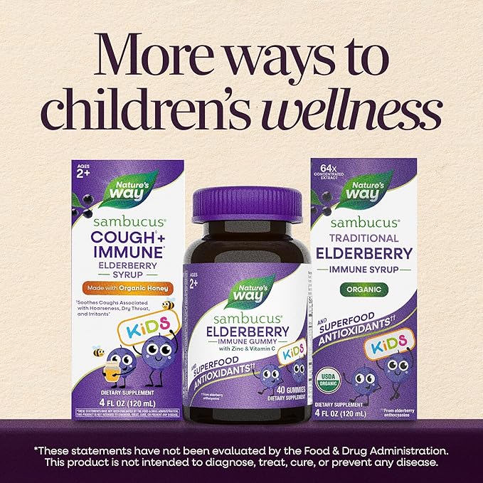 Nature’s Way Sambucus Kids Elderberry Immune Gummies with Black Elderberry Extract, Daily Immune Support Gummy with Vitamin C and Zinc for Children Ages 2+*, 60 Gummies