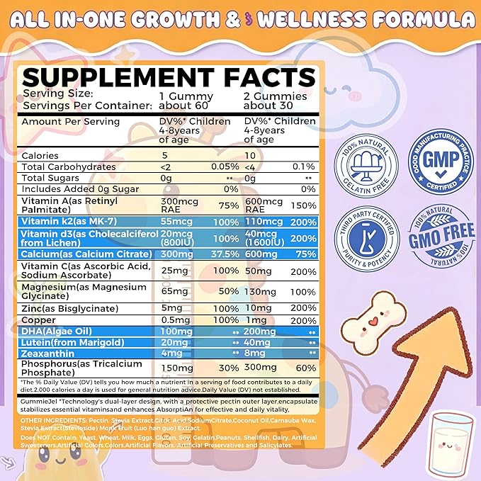 Sugar Free Kids Calcium Gummies (Ages 4-12) - 300mg Calcium Citrate w/Vitamin D3 K2 Magnesium - Algae DHA, Lutein & Zeaxanthin for Strong Bones, Eye & Brain Support - Gelatin Free - 60 Gummies