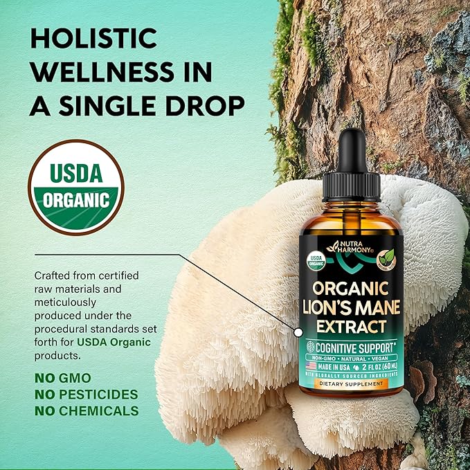 Lions Mane Liquid - USDA Certified Organic Lions Mane Supplement - Brain Support, Energy, Memory & Focus - Sugar & Alcohol-Free Lion's Mane Mushroom Extract 72,000 mg / Bottle, 2 Fl OZ, 2 Month Supply