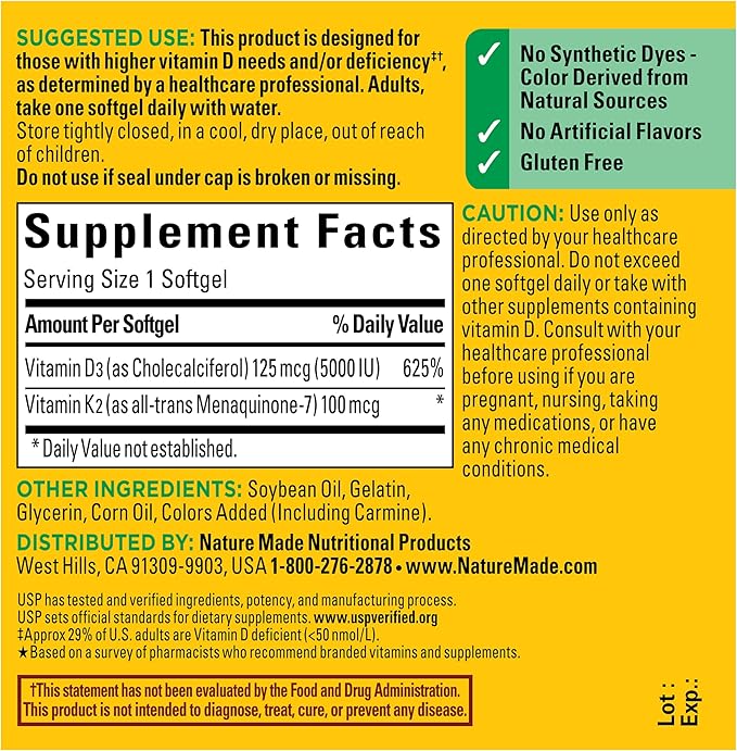 Nature Made Vitamin D3 K2 Supplement, 5000 IU (125 mcg) Vitamin D for Bone, Teeth, Muscle and Immune Support, 30 D3 and K2 Softgels, 30 Day Supply