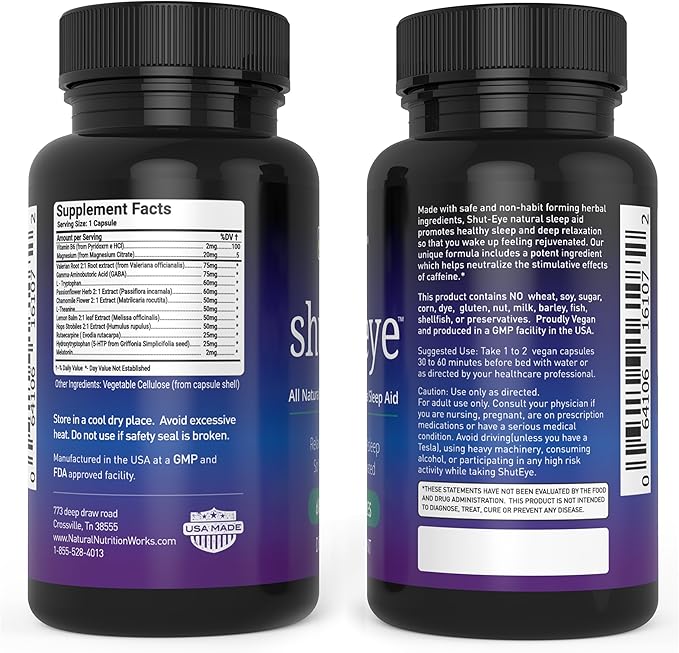 Shut-Eye- The Most Potent Natural Sleep Aid & Caffeine Neutralizer! All Natural Non-Addictive Herbal Complex w/Valerian, Melatonin, Rutaecarpine & 10 More