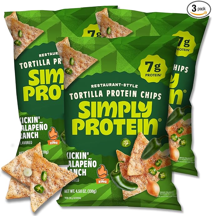 Simply Protein - Tortilla Chips, Restaurant Style Protein Chips, Jalapeno Ranch (3-Pack) - 7g Protein, 140 Calories, Gluten Free, Vegan - Crispy Plant Based Pea Protein Snacks - 3 Bags, 4.58oz (130g)