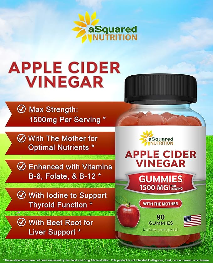 aSquared Nutrition Apple Cider Vinegar Gummies - 1500mg Per Serving - with The Mother - 90 ACV Gummies w/Vitamin B6 & B12, Folic Acid - Vegan Gummy Supplement Alternative to Capsules Pills (Pack of 2)