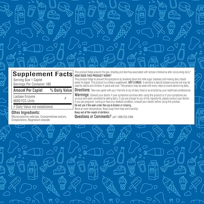 A+Health Dairy Relief Lactase Enzyme 180 Count, 9000 FCC Caplets, Fast Acting, Dye-Free, Dietary Supplement, Helps Prevent Gas, Bloating, Diarrhea Associated with Lactose Intolerance