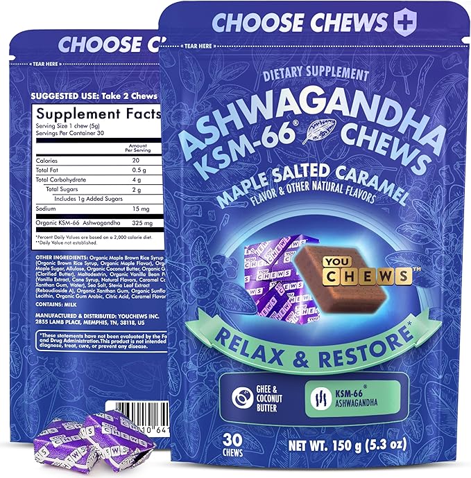 YouChews Ashwagandha KSM-66 Chews for Stress Relief & Mood Support, Organic Ashwagandha Gummies KSM 66 Alternative, Mood Support, Maple Salted Caramel Flavor, 30 Count