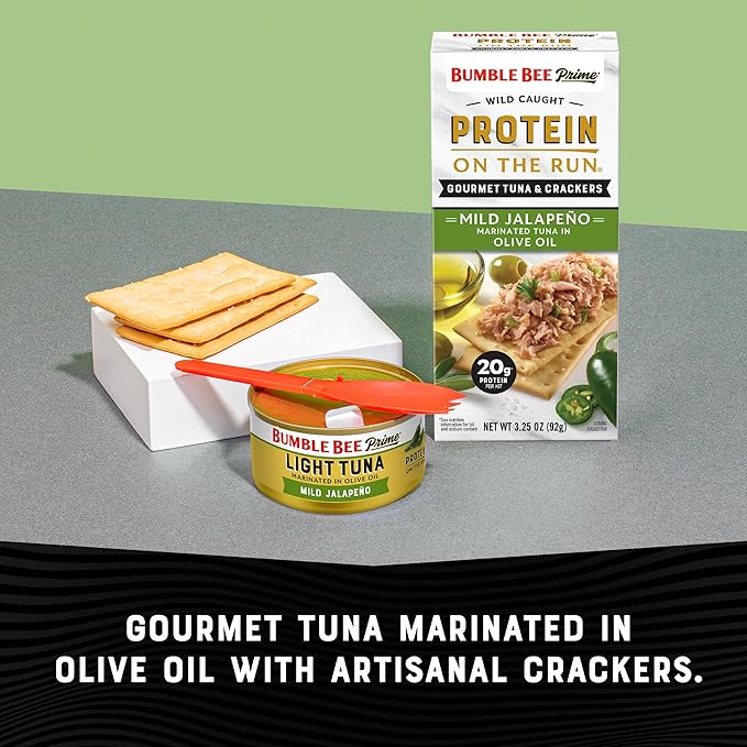 Bumble Bee Prime Protein on the Run Tuna Snack Kit - Gourmet Tuna Marinated in Olive Oil & Mild Jalapeno with Crackers and Serving Utensil - 20g of Protein Per Serving (Pack of 3), Easy Open Cans