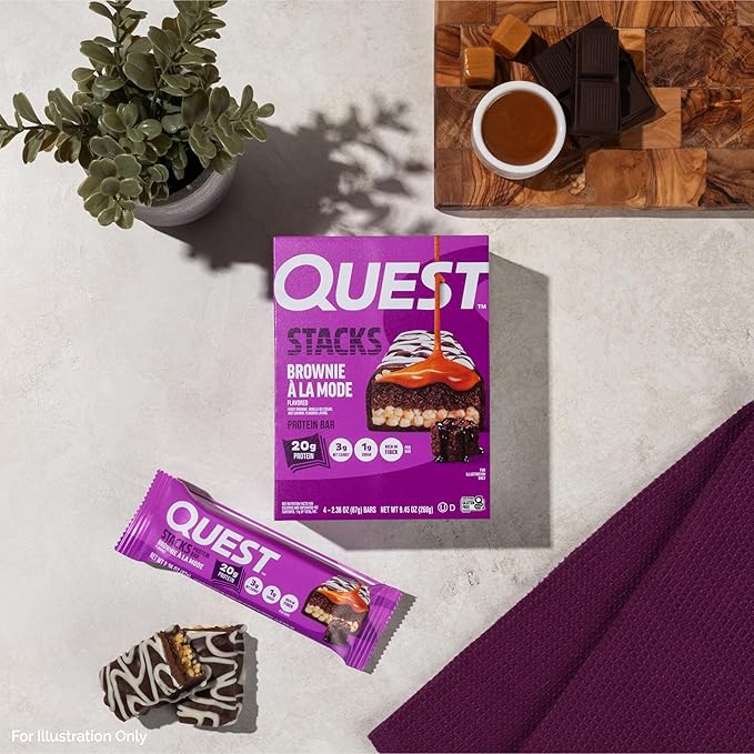 Quest Nutrition Stacks Protein Bars, Brownie a la Mode Flavor, 20g Protein, 3g Net Carbs, 1g Sugar, High Fiber, Low Sugar, Gluten Free, 4 Count