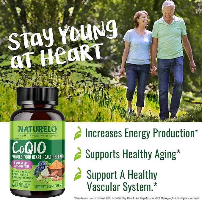 NATURELO Whole Food CoQ10 Supplement, 60 Veg Capsules, Heart Health Blend, Powerful Antioxidant, CoQ10 100mg for Energy Production