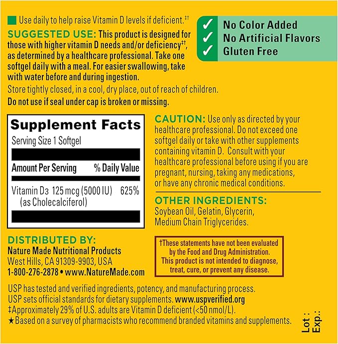 Nature Made Vitamin D3 5000 IU (125 mcg) Softgels, Extra Strength Vitamin D Supplement for Bone and Immune Health Support, 360 Count, 360 Day Supply