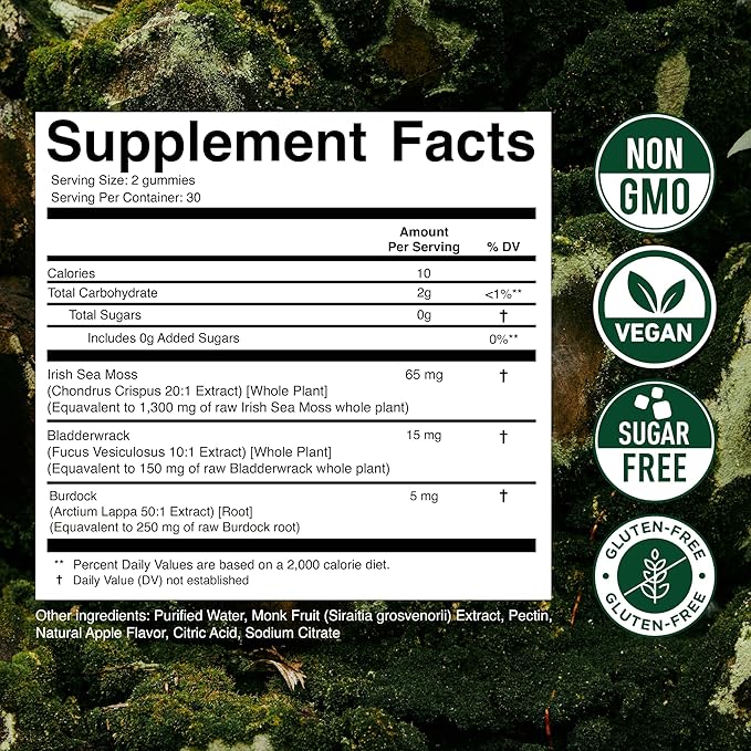 Secret Element Sea Moss Gummies for Women and Men, Irish Sea Moss with Bladderwrack & Burdock Root, Vegan Sea Moss Gummies, Sugar Free, Non-GMO, Apple Flavor, 60 Gummies