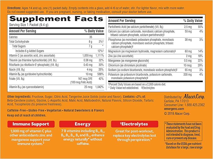 Emergen-C 1000mg Vitamin C Immune Support Powder Tangerine 30CT includes Zinc, Manganese, 7 B Vitamins and Electrolytes for Back to School Essentials